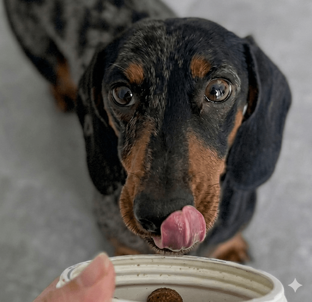 Perro feliz comiendo bocados Mylo